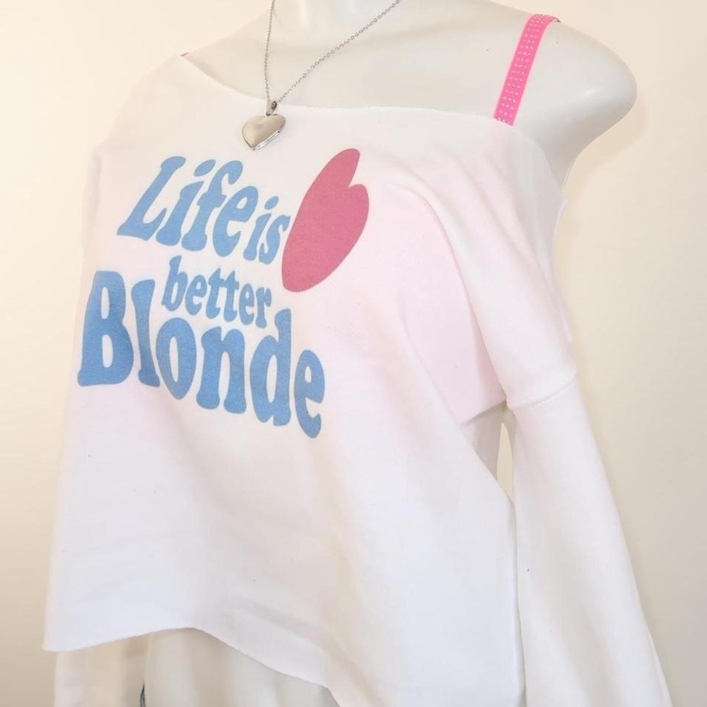 y2k life is better blonde graphic off shoulder cropped sweatshirt mcbling - Picture 6 of 6